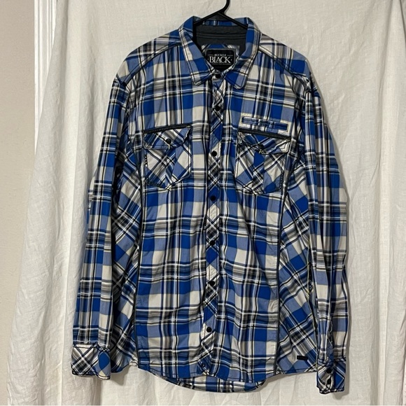 Buckle Black LS Shirt Men's XXL Blue Yellow Plaid Button Down Metal Buttons - Picture 1 of 9
